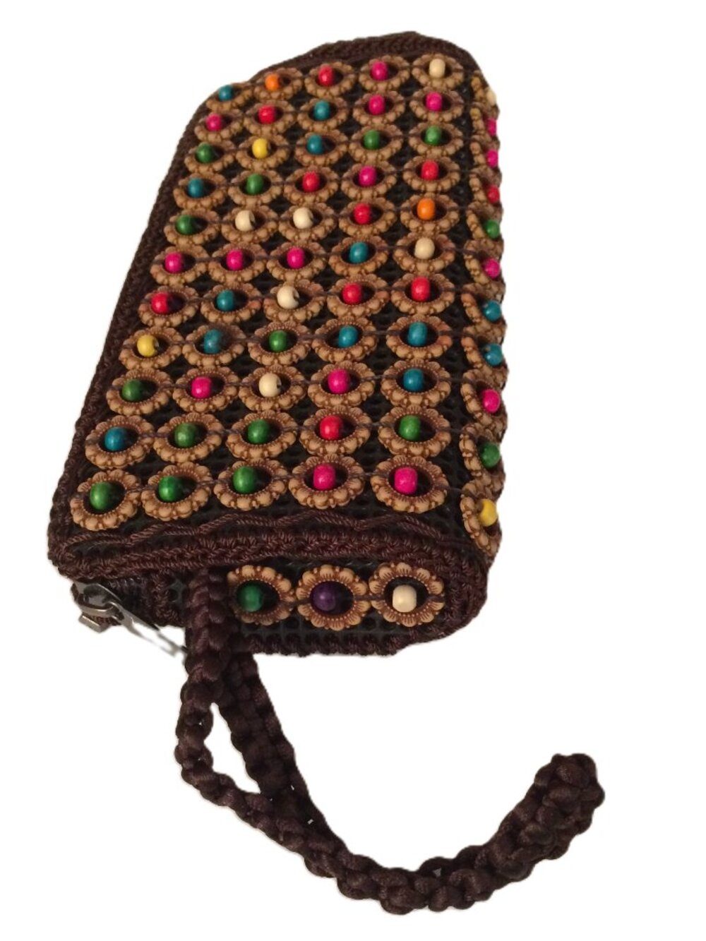 Crochet Wristlet Clutch Bag, Colorful Wooden Beads, Boho Style, Zipper Closure.